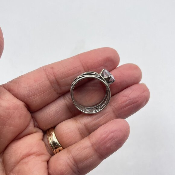 Handcrafted 925 Silver Ring With Large Clear Gemstone Intricate Band Design Size - Picture 7 of 10